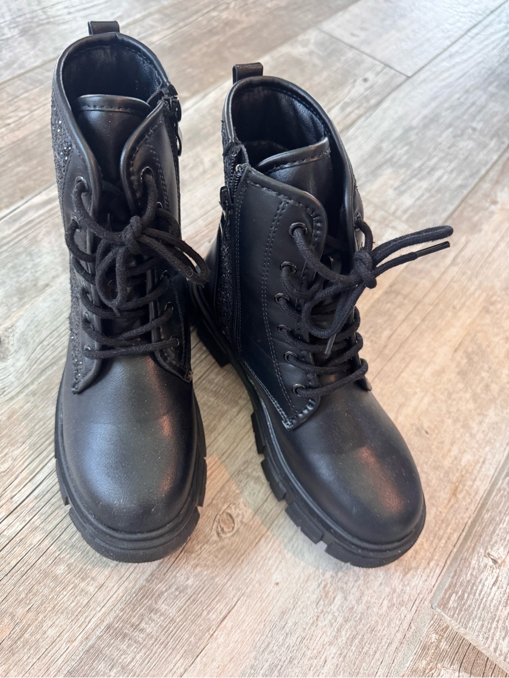 Girls Black Sparkle Lace-Up Combat Boots